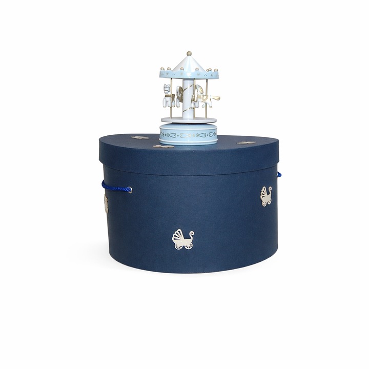 Trusou botez+set baita in cutie rotunda - bleumarin