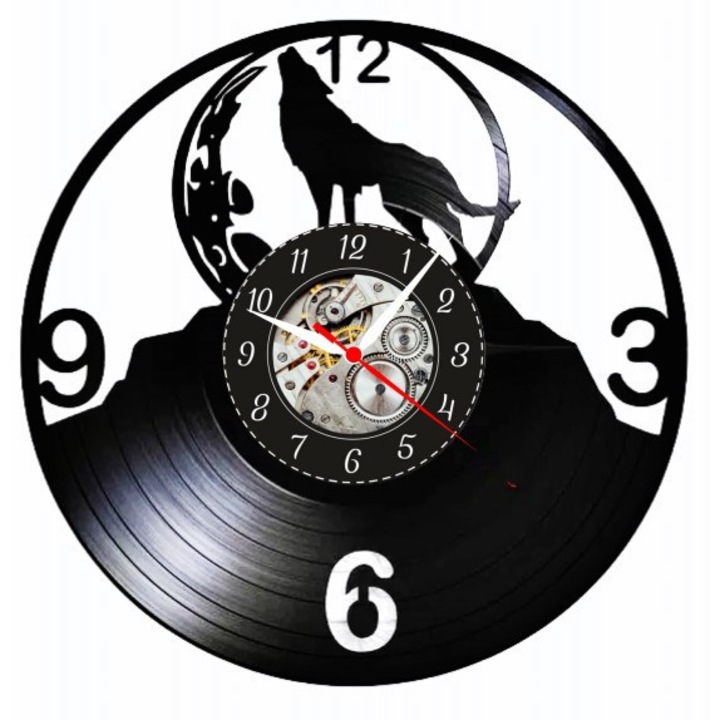 Ceas de perete decorativ "Midnight Howl - Wolf & Moon", realizat din disc de vinil (Vinyl Record), design Nature & Wildlife, Negru, 30 cm