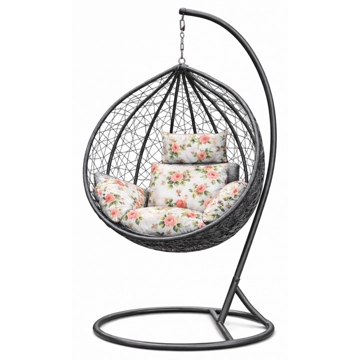 Sötét szürke rattan hatású függőfotel rózsa mintás ülőpárnával