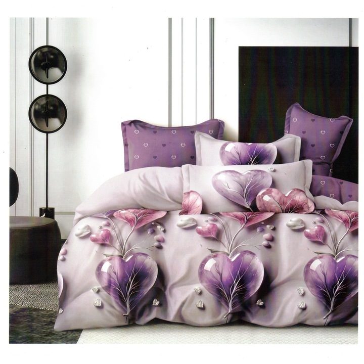Lenjerie de Pat Finet Premium, 6 Piese – Design Romantic cu Inimi 5D, Nuante de Mov si Lavanda