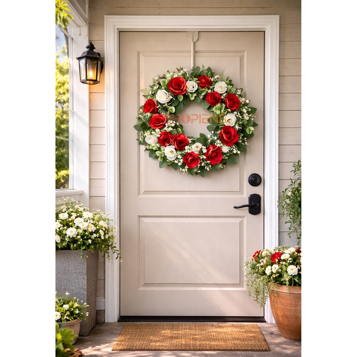 Ornament Floral Circular Pentru Usa Cu Trandafiri Artificiali Rosii Albi Si Eucalipt Decor Intrare Primavara 25cm Shopiens®