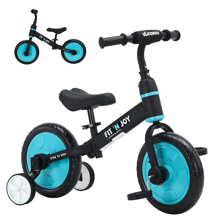 Bicicleta de echilibru 4 in 1 pentru copii, verde/alma, fara pedale, pentru 18 luni-5 ani, set cu roti de antrenament, albastru