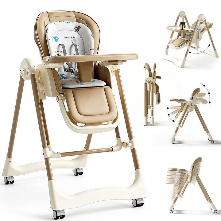 Scaun de masa bebelusi, Yulinland, Multifunctional 2 in 1, Transformabil in leagan bebe, Pliabil, Centura de Siguranta 5 Puncte, 6 Ajustabil pe Inaltime, 4 Roti, 6 Luni +, Maro
