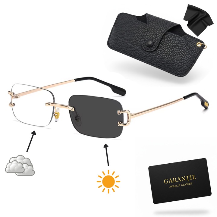 Ochelari Heliomati cu Lentile Fotocromatice cu Protectie UV400, Fara Rama (Rimless), Brate Metalice Premium, Stil Fashion Rectangular, Anti-Reflexie, Aurii