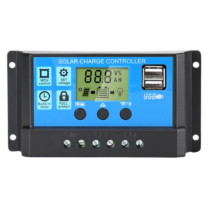 Controler de incarcare solar 50A, AFKSMILE, Regulator inteligent cu port USB dublu, 12V/24V, Parametrul automat PWM, Ecran LCD reglabil, Pentru baterie plumb-acid, baterie cu litiu, baterie cu panou solar, PC, 13.5x4x8cm, Negru/Albastru