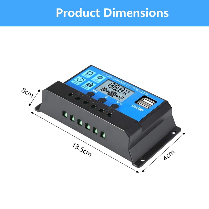 Controler de incarcare solar 50A, AFKSMILE, Regulator inteligent cu port USB dublu, 12V/24V, Parametrul automat PWM, Ecran LCD reglabil, Pentru baterie plumb-acid, baterie cu litiu, baterie cu panou solar, PC, 13.5x4x8cm, Negru/Albastru
