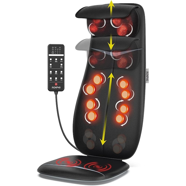 Aparat de masaj spatetip husa scaun, Renpho BM076, incalzire, reglare inaltime, pentru spate, umeri, gat, masaj Shiatsu 3D pentru tesuturi adanci