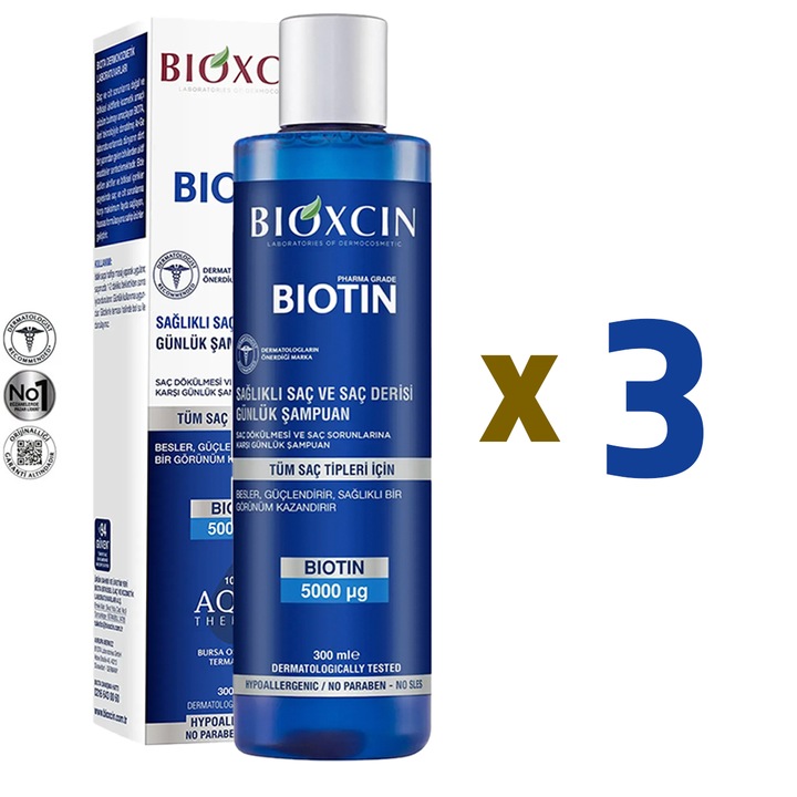 Sampon Bioxcin Biotin 3x300 ML pentru toate tipurile de par, fara SLES, fara parabeni