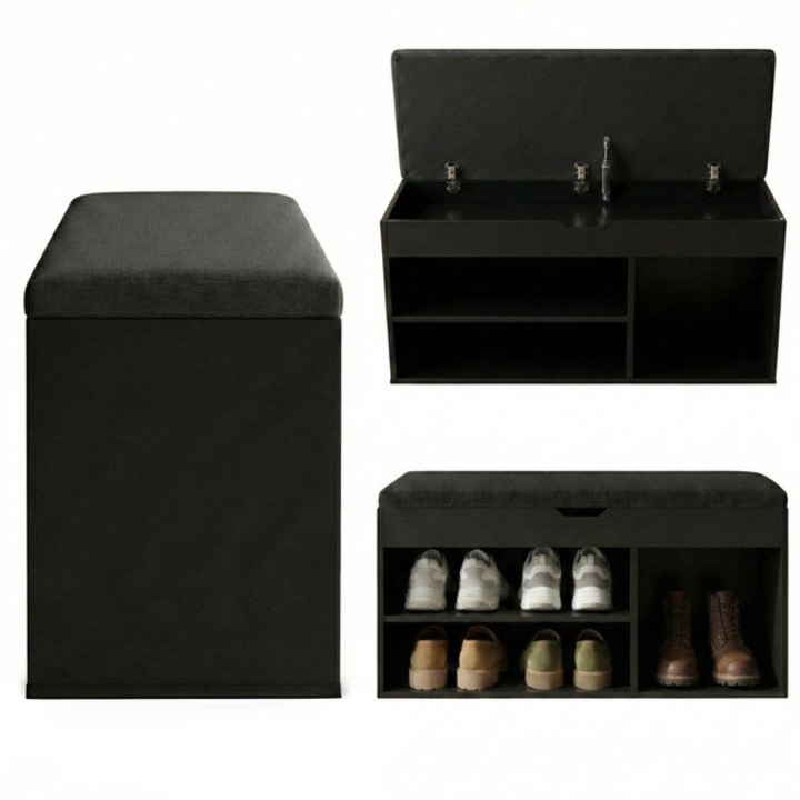 Dulap pentru pantofi cu loc de sezut TRIA, 80 x 43 x 30 cm, negru - negru