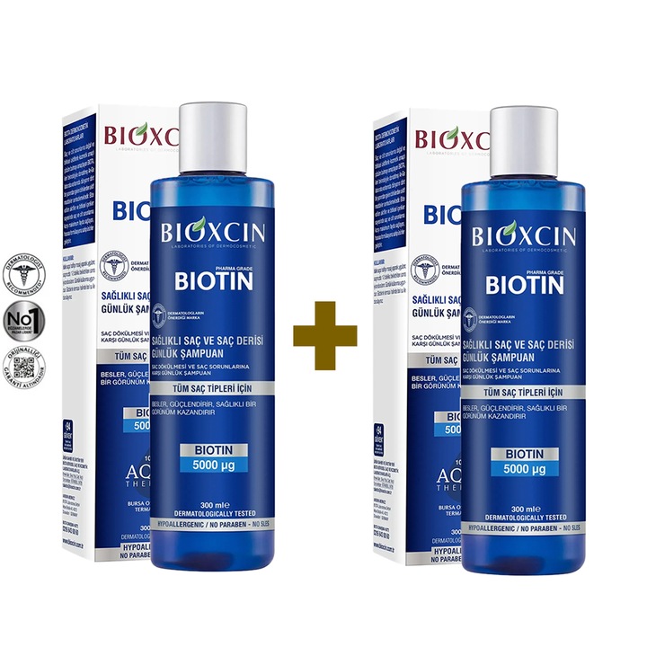 Sampon Bioxcin Biotin 2x300 ML pentru toate tipurile de par, hipoalergenic, fara SLES si parabeni