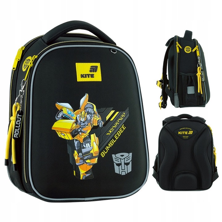Ghiozdan scolar cu structura rigida pentru baieti de 6 ani, format A4, negru, Transformers, Kite