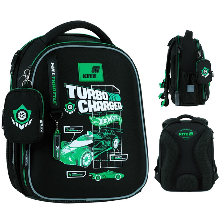 Ghiozdan scolar cu spate rigid pentru baieti de 6–8 ani, cu portofel atasat, Hot Wheels, Kite
