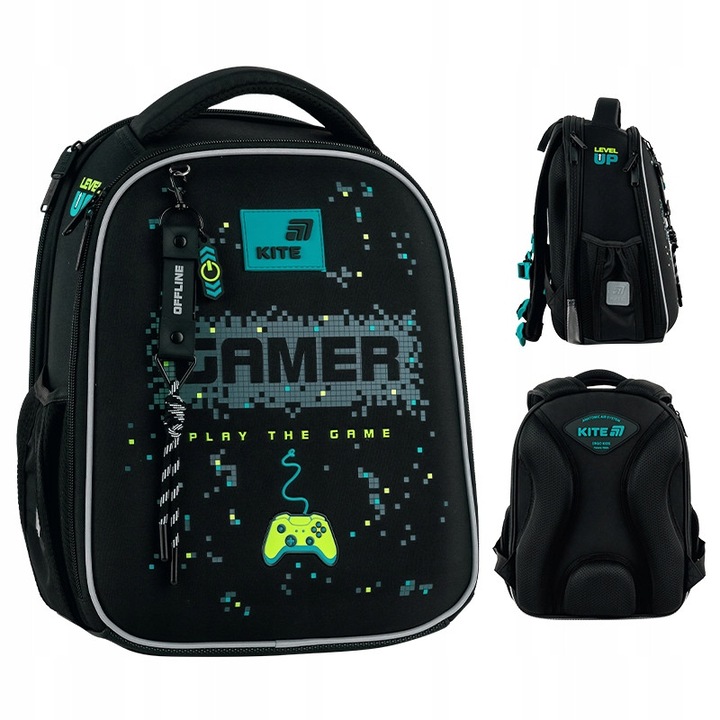 Ghiozdan scolar cu spate rigid pentru baieti de 6 ani, cu picioare de sprijin si breloc, gri, Game, Kite