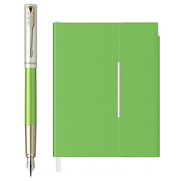 Set stilou Parker Vector XL verde champagne cu agenda B6, coperta piele ecologica, inchidere magnetica