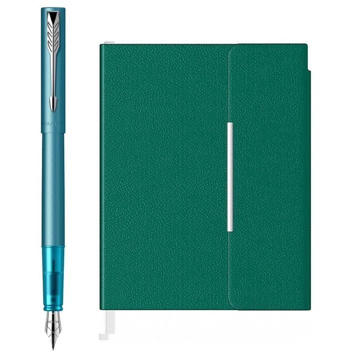 Set stilou Parker Vector XL turcoaz cu agenda B6 verde smarald, inchidere magnetica, dimensiuni 11x16cm, 13, 2x17x1, 6cm