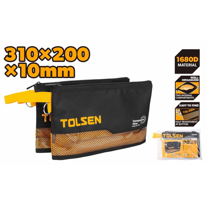 2 db TOLSEN szerszámtáska készlet, strapabíró cipzár, tartós 1680D anyag, 31x20x11 cm, kényelmes fogantyú, áttetsző alsó rész, kis szerszámok és kiegészítők rendszerezéséhez és szállításához