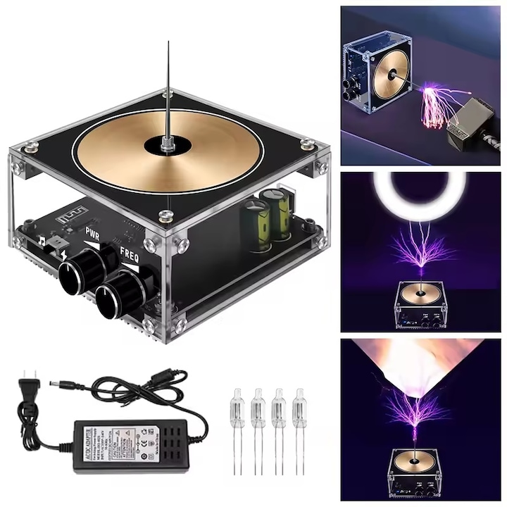 Excitat@ Bobina Tesla Muzicala si Boxa Bluetooth TS10-001, Kit Educational Experimente Fizica, Arcuri Electrice si Lumina Fara Contact, 10.6x10.6x6 cm