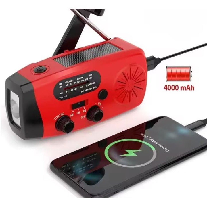 Statie Radio Solara de Urgenta, multifunctionala, Autonomie 40 ore, lanterna LED, set