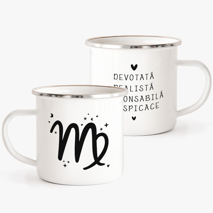 Cana metalica emailata alba cu zodia fecioara 240ml