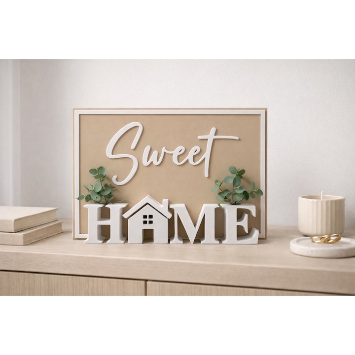 Statueta decorativa ornament "Sweet Home", mini vaza incorporata, cadou pentru cupluri, cadou de casa noua, imprimare 3D, caramel si alb, design minimalist, 14.8 x 10.6 x 1.7 cm