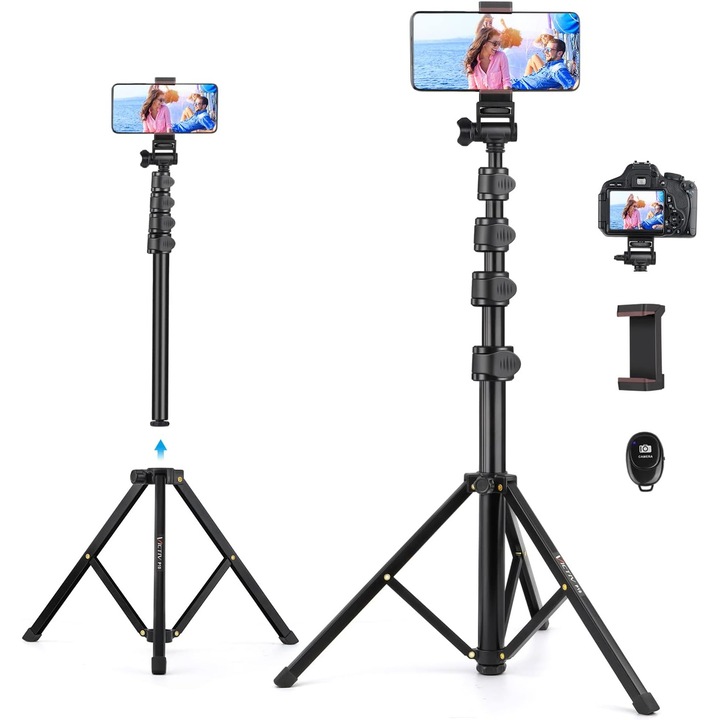 Trepied Victiv cu Telecomandă, Compact, Înălțime 172 cm, Rotire 360°, pentru Smartphone-uri și Camere Foto
