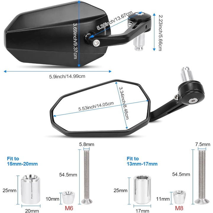 Oglinzi retrovizoare universale, Set 2 bucati, cu cleme de suport, ajustabile, rotatie 360°, potrivite pentru SUV, remorca, Jeep, camion, Negru