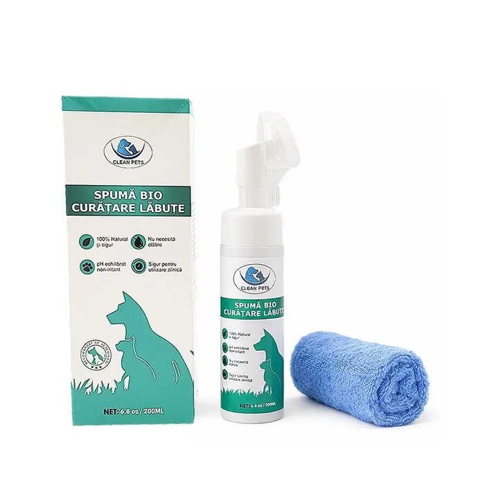 Kit Spuma Bio + prosop pentru curatarea labutelor, Clean Pets, 200 ml