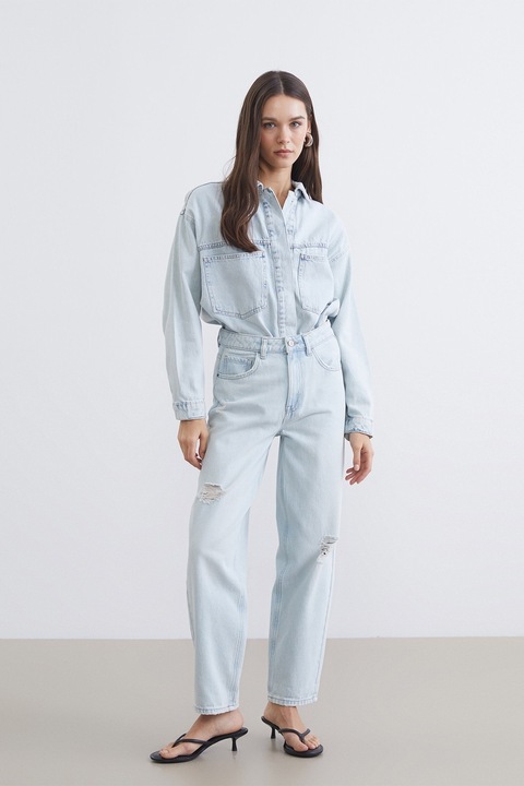 LC WAIKIKI, Blugi capri cu croiala boyfriend si aspect deteriorat, Albastru deschis