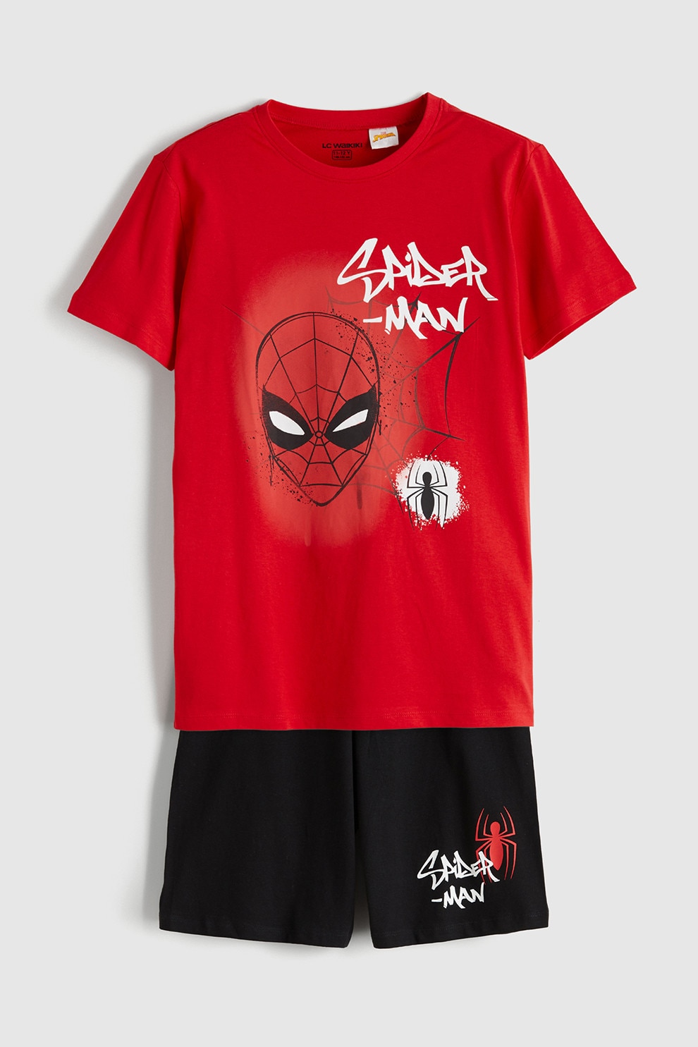 LC WAIKIKI, Pijama cu pantaloni scurti din bumbac cu imprimeu Spider-Man, Negru, Rosu vermillion, 152-158 CM