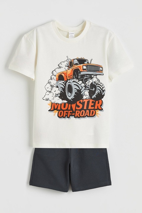 LC WAIKIKI, Set de tricou cu model si pantaloni scurti uni, 2 piese, Alb/Negru/Portocaliu