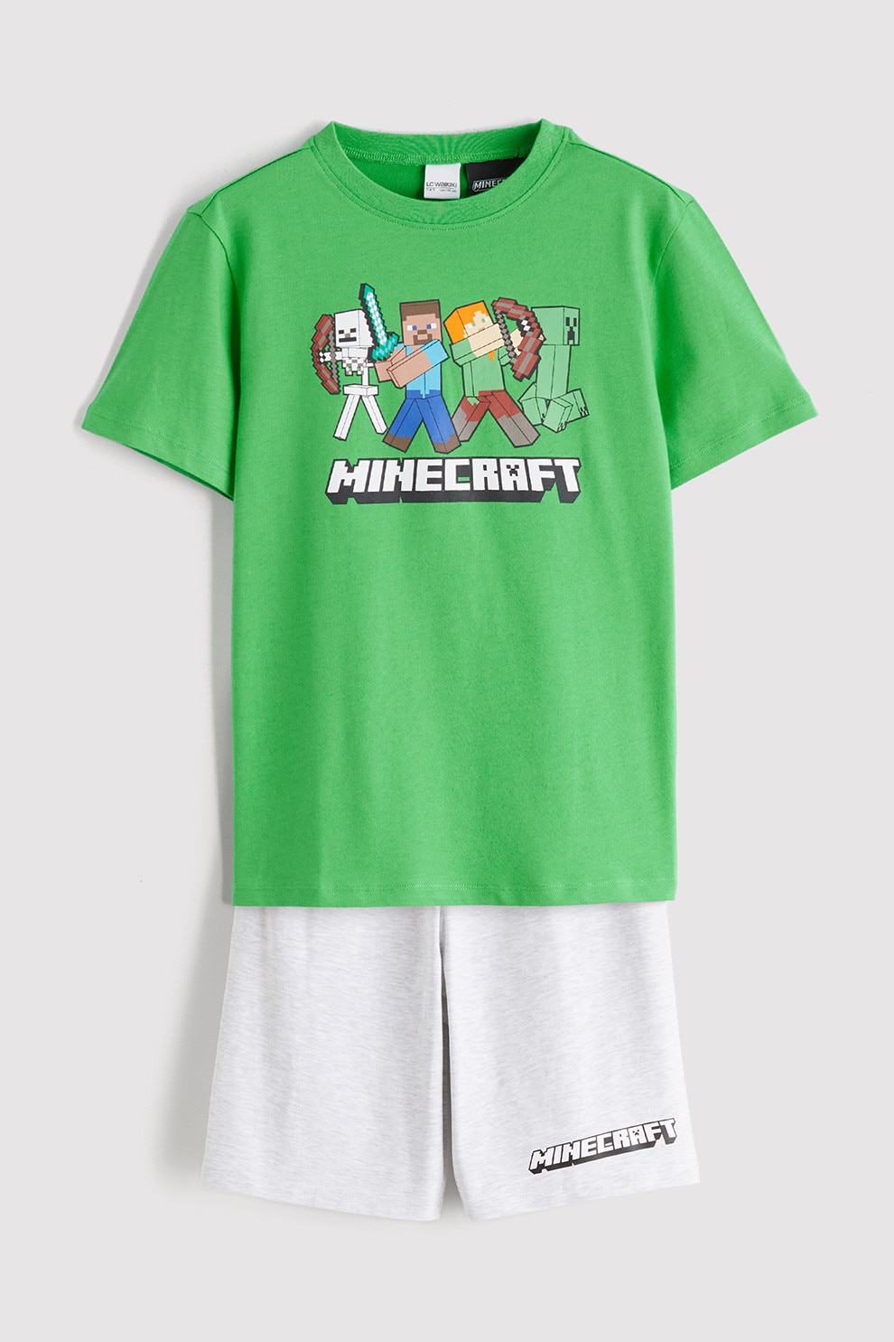 LC WAIKIKI, Pijama cu pantaloni scurti si imprimeu Minecraft, Verde deschis, Gri deschis melange, 146-152 CM