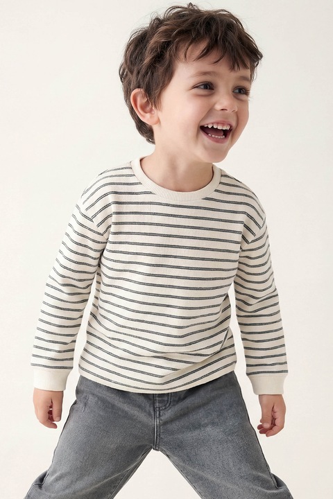 LC WAIKIKI, Bluza cu decolteu rotund si dungi, Alb fildes/Negru