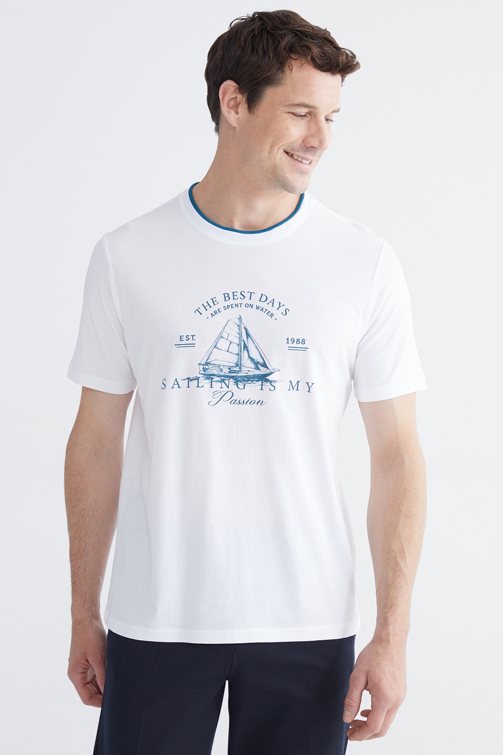 LC WAIKIKI, Tricou de bumbac cu imprimeu pe piept, Albastru royal, Alb optic, L