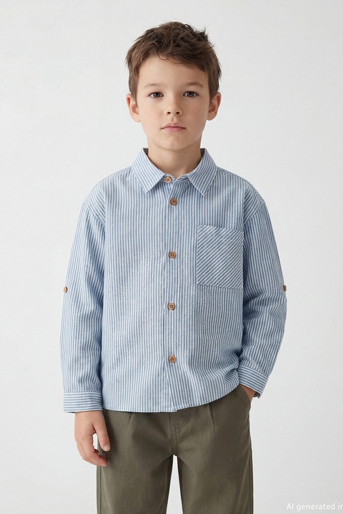 LC WAIKIKI, Camasa din amestec de bumbac cu dungi, Alb/Albastru lavanda