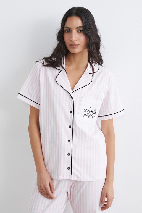 LC WAIKIKI, Pijama cu buzunar pe piept si dungi, Alb/Roz pal, 2XL