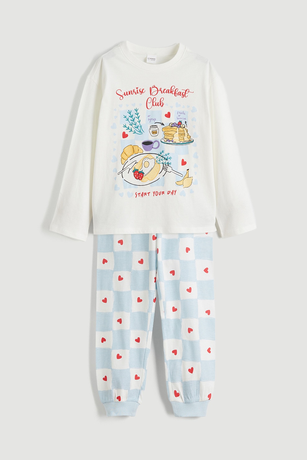 LC WAIKIKI, Pijama cu maneci lungi si imprimeu grafic, Alb, Albastru pastel, 128-134 CM