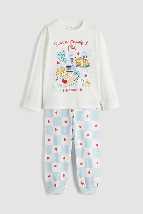 LC WAIKIKI, Pijama cu maneci lungi si imprimeu grafic, Alb/Albastru pastel, 128-134 CM