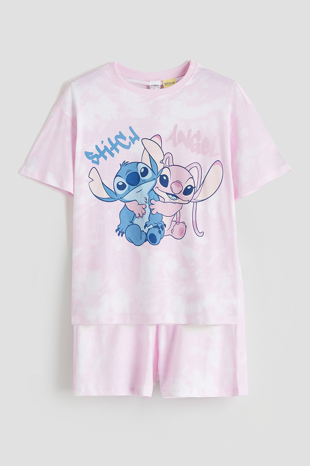 LC WAIKIKI, Pijama cu maneci scurte si imprimeu desene animate, Alb, Roz pastel, 152-158 CM