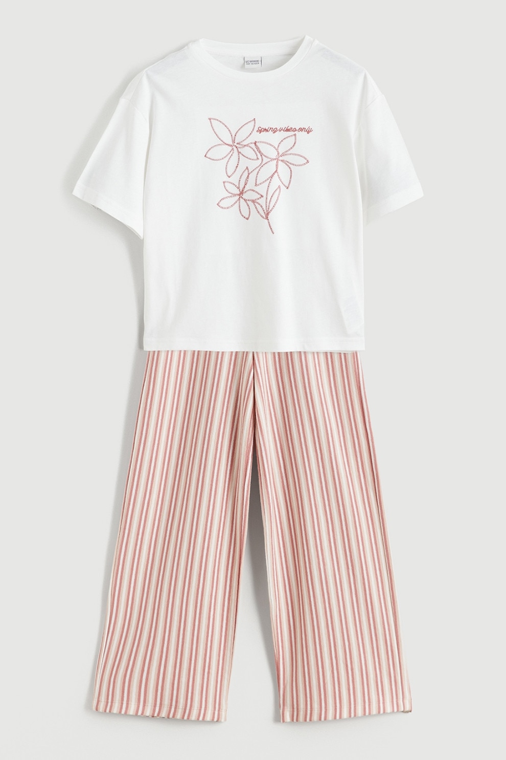 LC WAIKIKI, Set de tricou si pantaloni cu model in dungi, Alb, Roz pastel, 146-152 CM