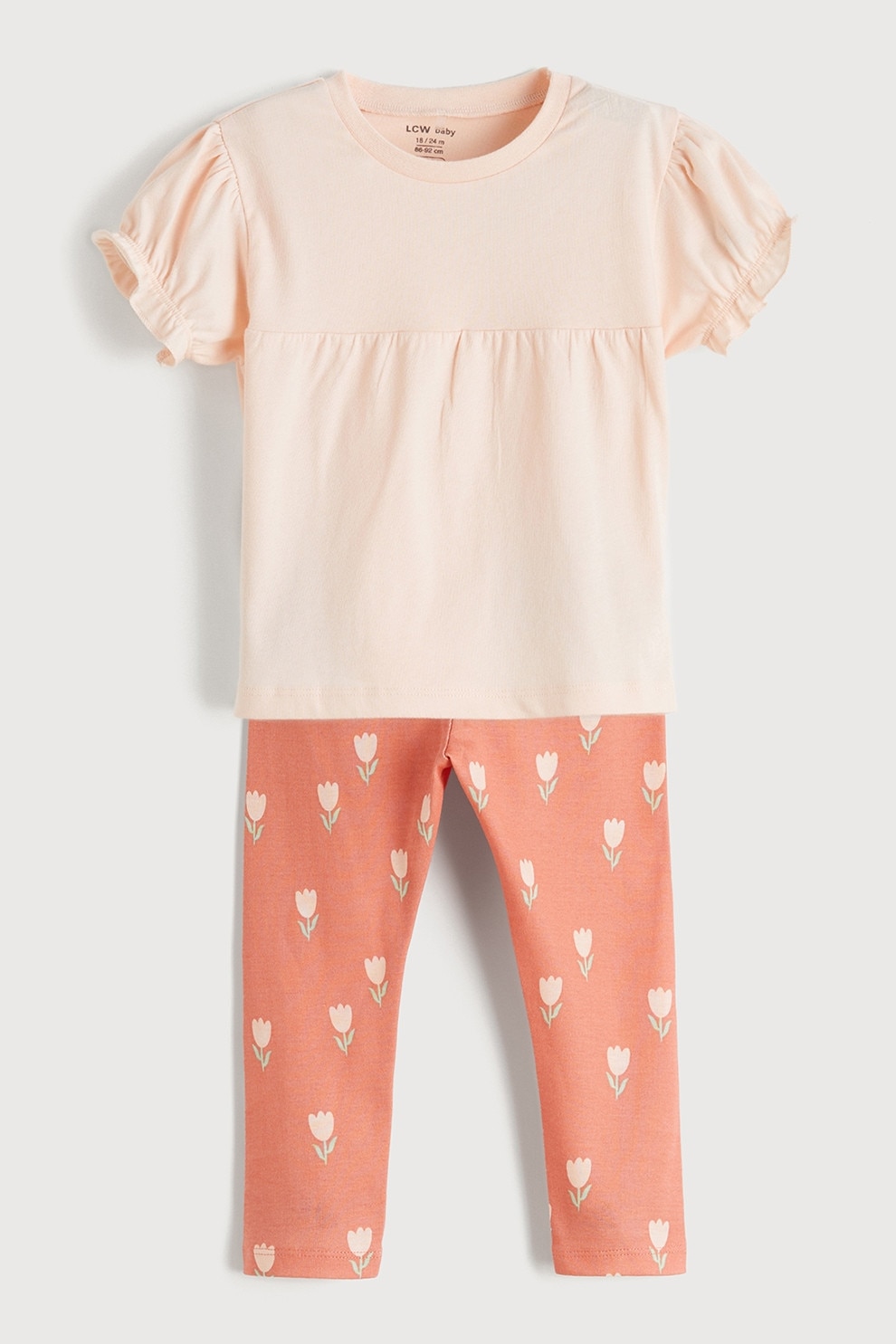 LC WAIKIKI, Set de tricou si colanti cu imprimeu, Roz somon, Piersica, 74-80 CM