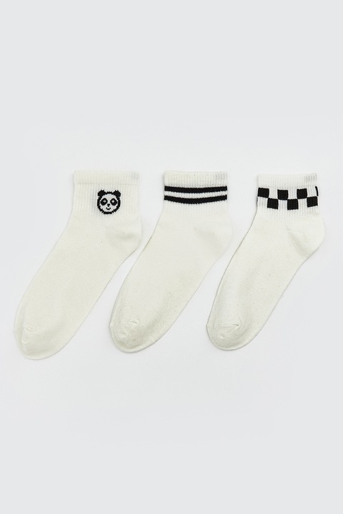 LC WAIKIKI, Set de sosete scurte cu imprimeu grafic - 3 perechi, Alb/Negru