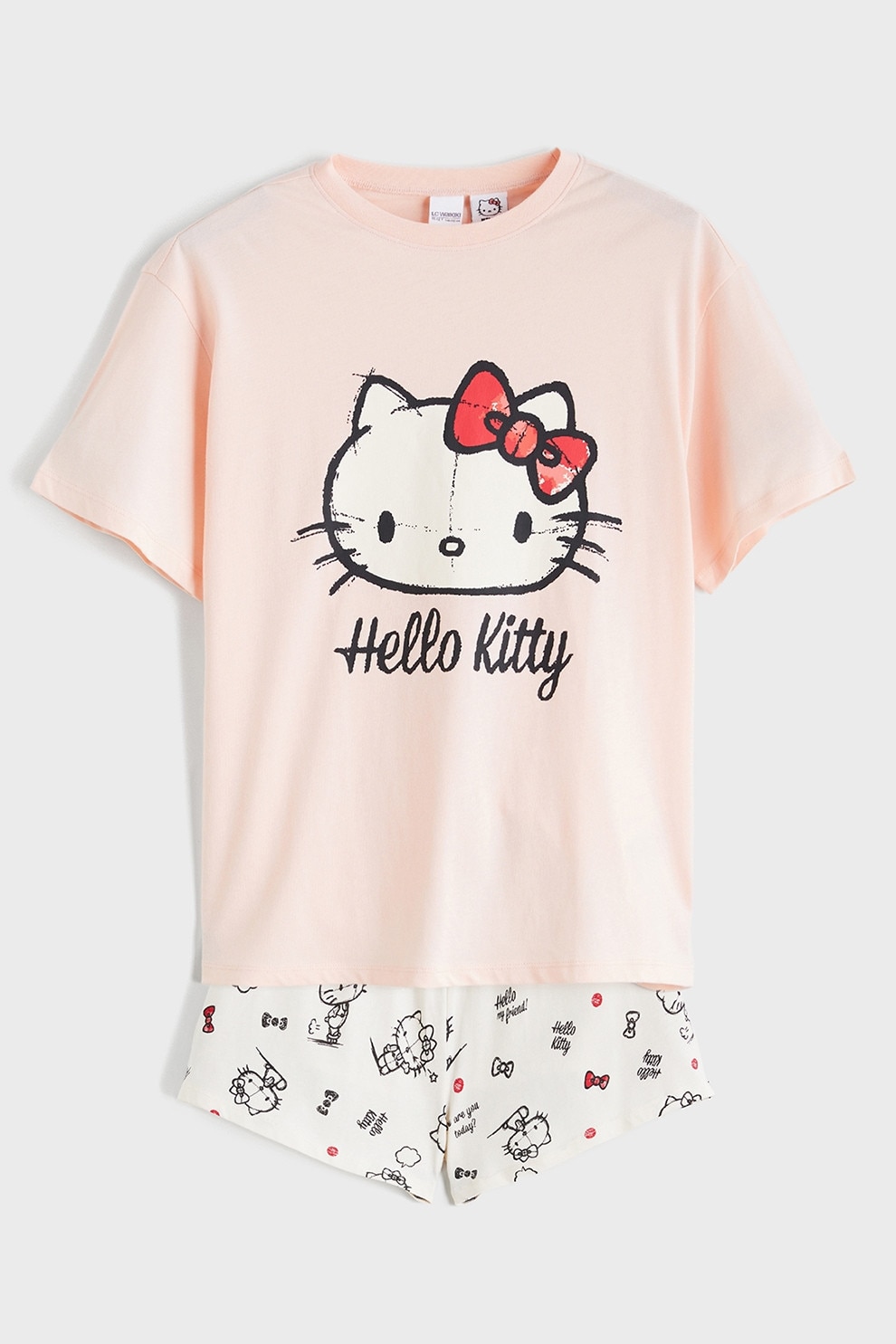 LC WAIKIKI, Pijama scurta din bumbac Hello Kitty, Alb, Piersica, 140-146 CM