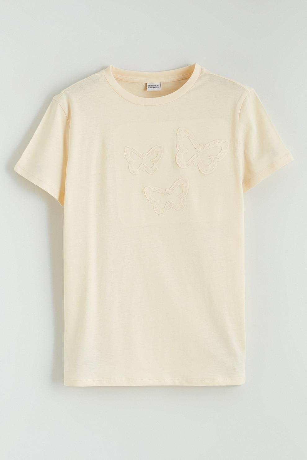 LC WAIKIKI, Tricou din bumbac cu fluturi brodati, Galben pal, 140-146 CM