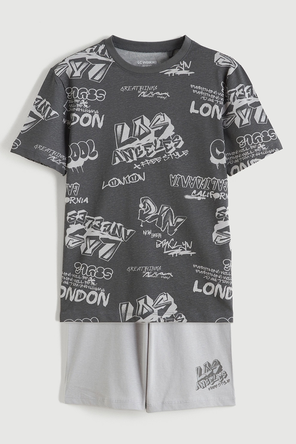 LC WAIKIKI, Pijama scurta din bumbac cu model, Gri melange, 140-146 CM