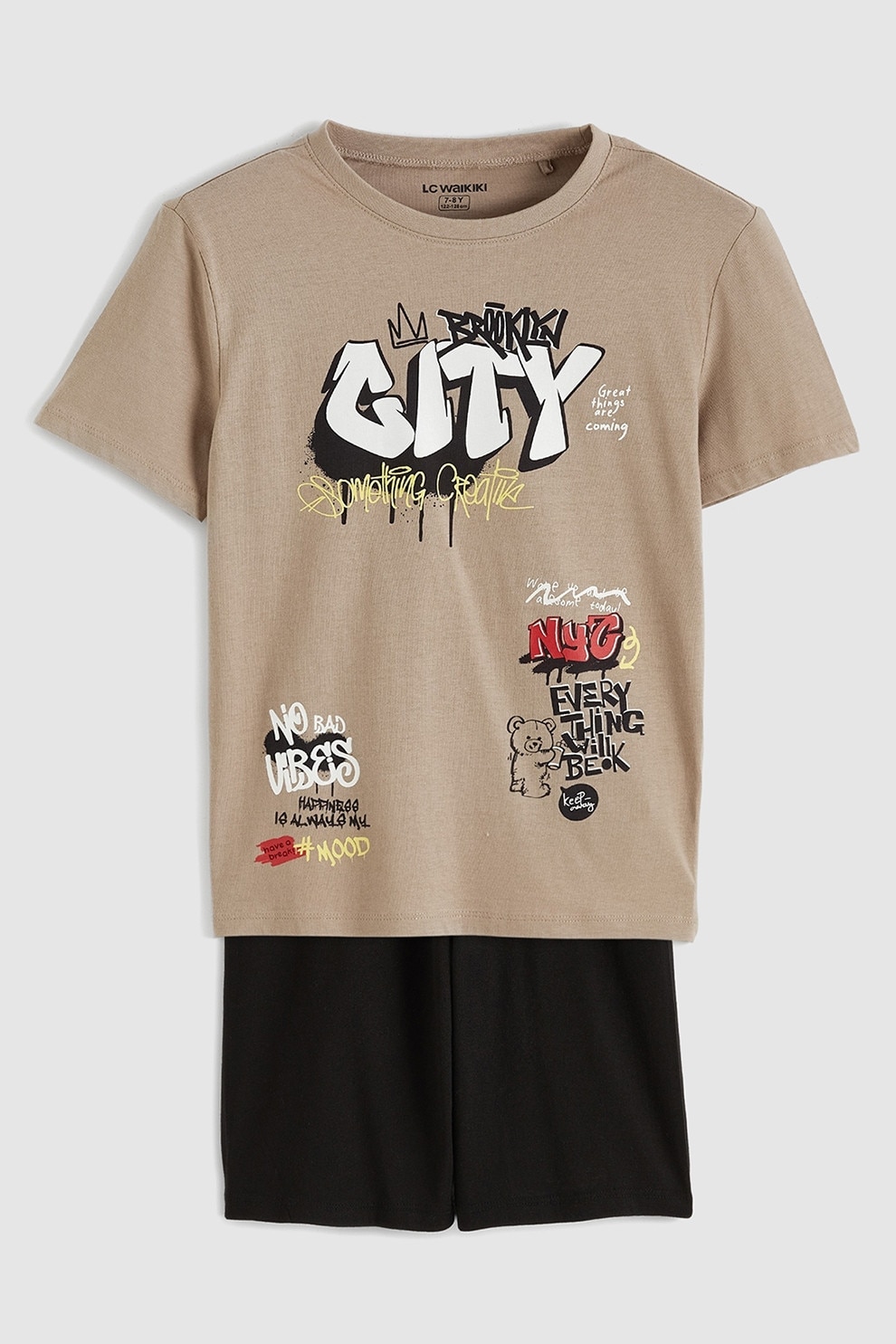 LC WAIKIKI, Pijama scurta din bumbac cu imprimeu, Negru, Maro camel, 140-146 CM