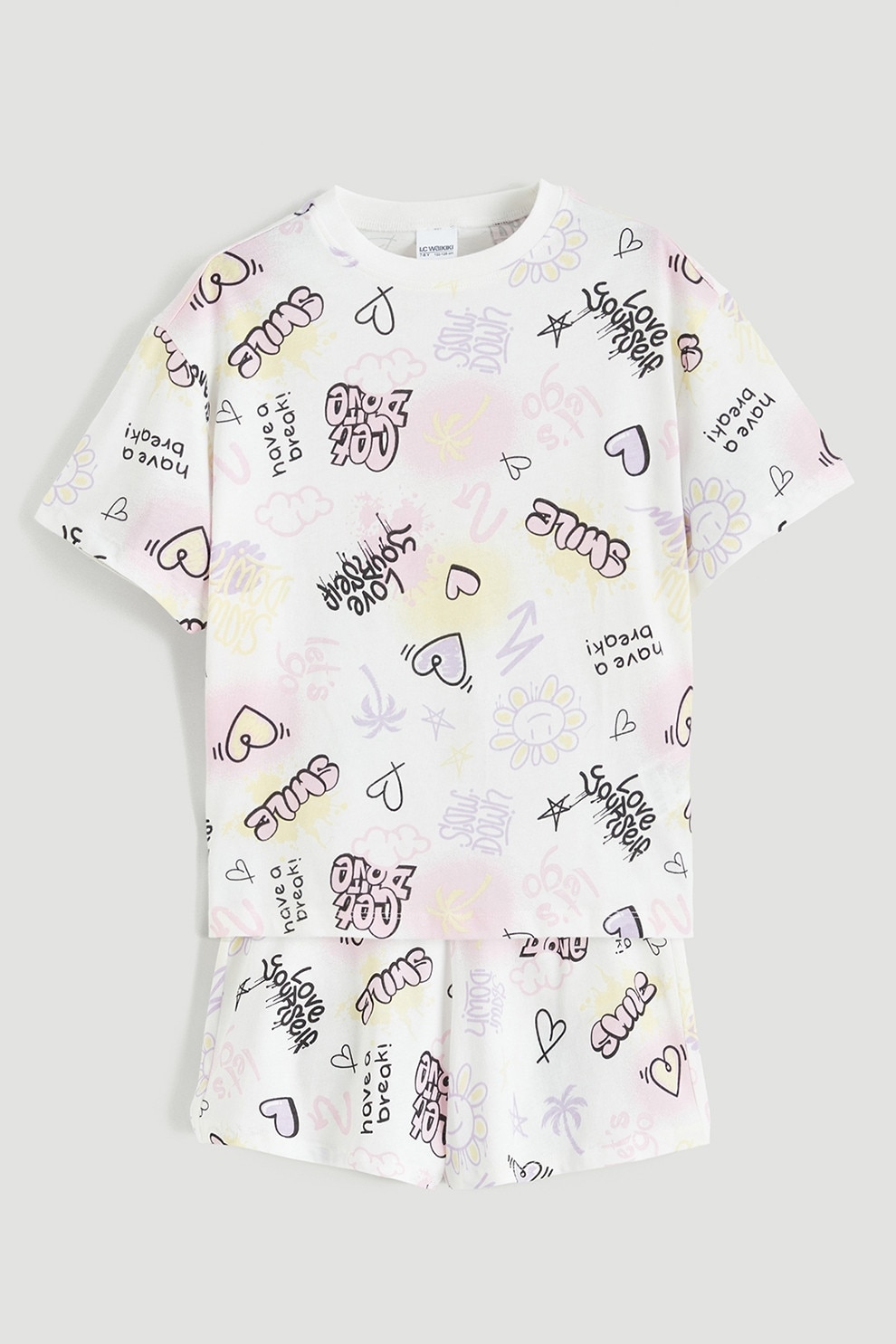 LC WAIKIKI, Pijama scurta cu imprimeu grafic, Alb, 140-146 CM