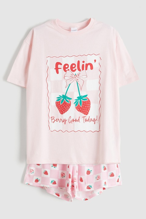 LC WAIKIKI, Pijama scurta cu model cu capsune, Roz deschis