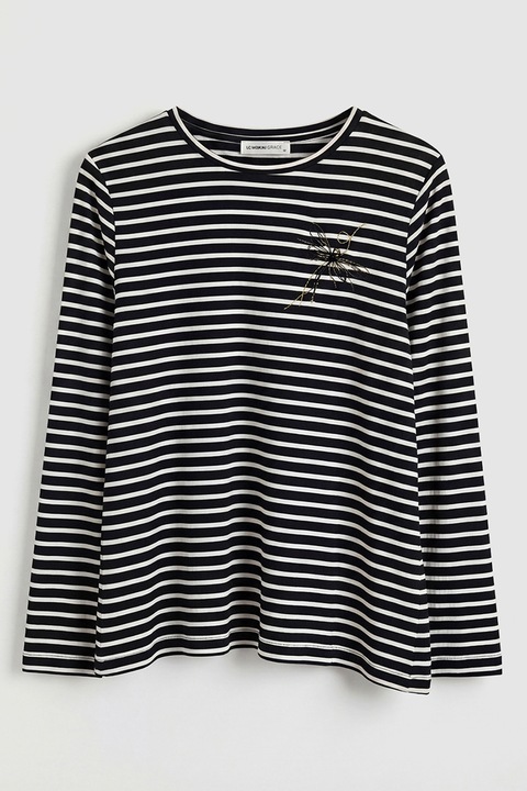 LC WAIKIKI, Bluza lejera cu model in dungi si detaliu floral, Alb/Negru