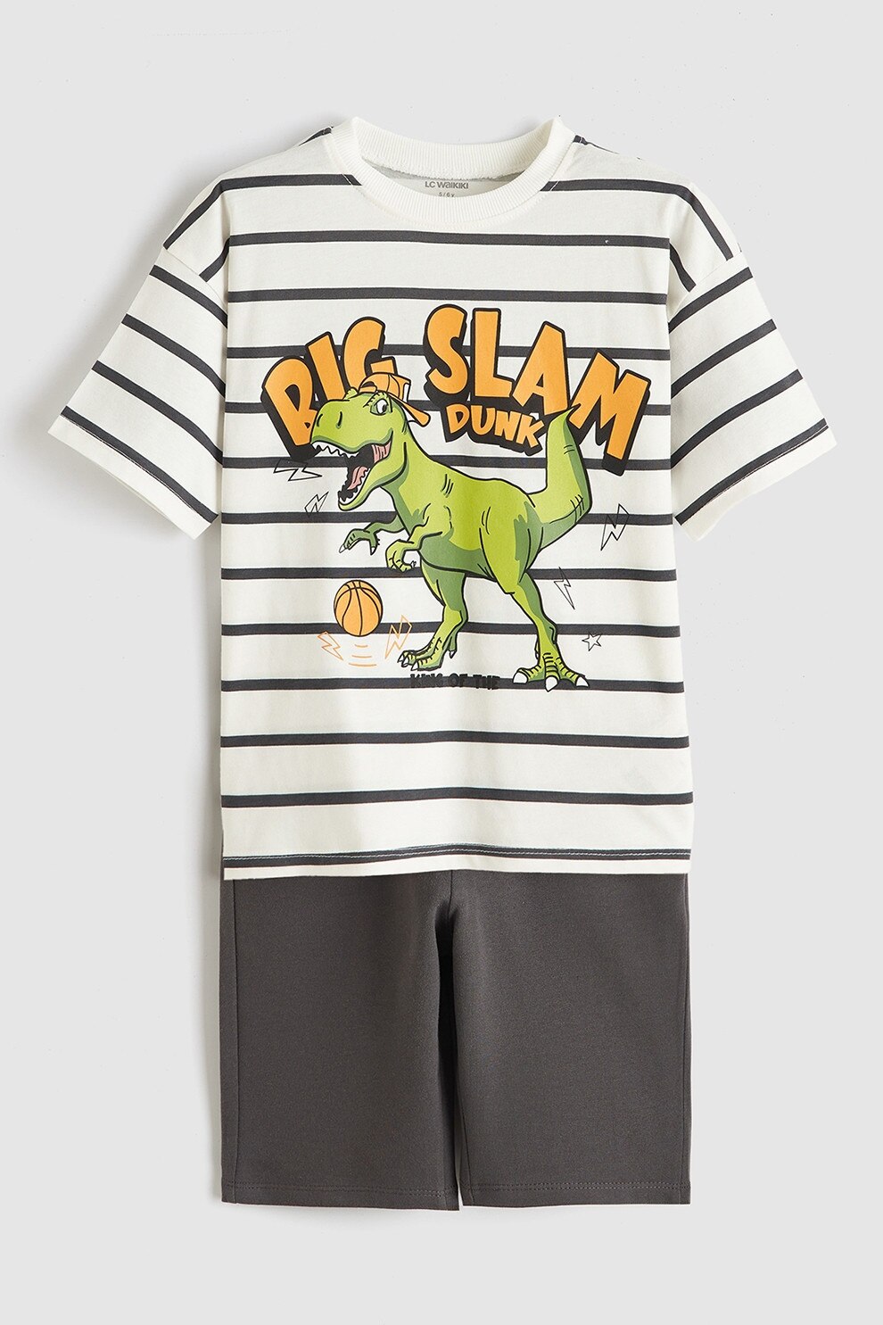 LC WAIKIKI, Set de tricou cu imprimeu cu dinozaur si pantaloni scurti de trening - 2 piese, Alb, Gri inchis, 80-92 CM