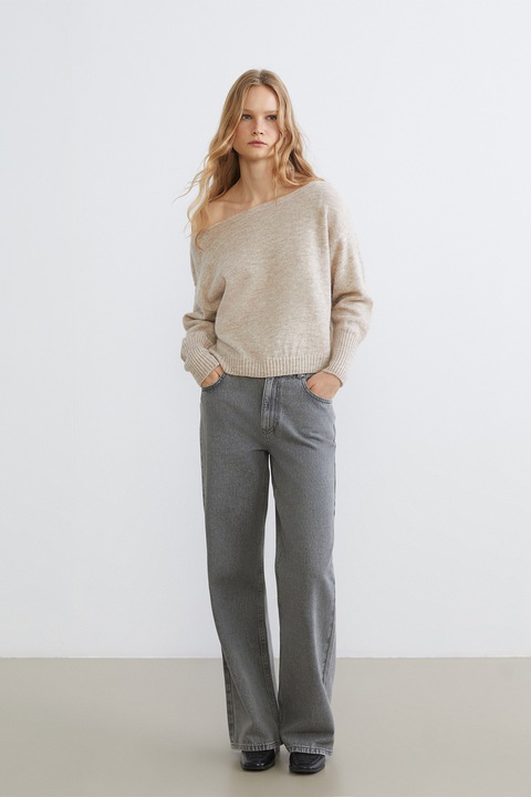 LC WAIKIKI, Pantaloni ampli cu talie inalta, Gri inchis melange